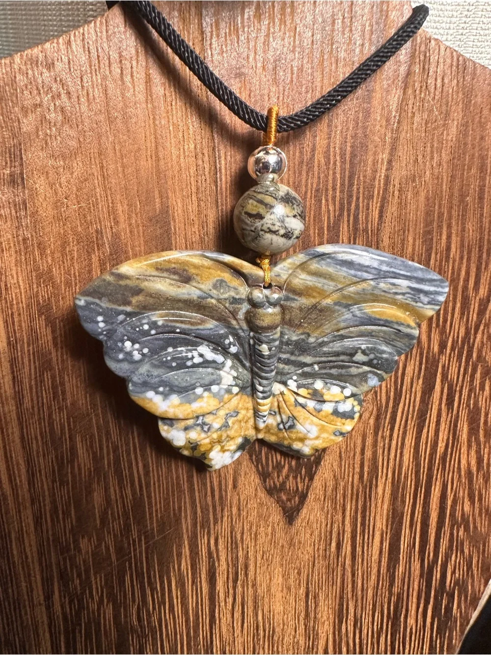 Handcrafted Ocean Jasper Butterfly Pendant Necklace-Green & Gold on Black Rope